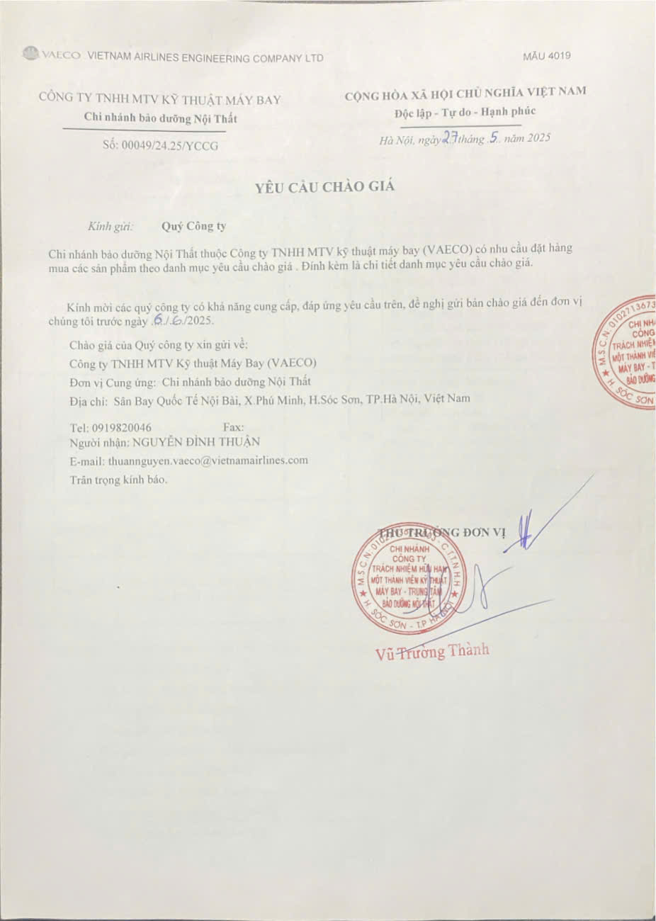 Yêu cầu chào giá đơn hàng mua CCDC, Vật tư sử dụng cho công việc tháo lắp, sửa chữa, đo đạc, lấy số liệu trong nghiên cứu, chế tạo, sửa chữa chi tiết vật tư Máy Bay. 